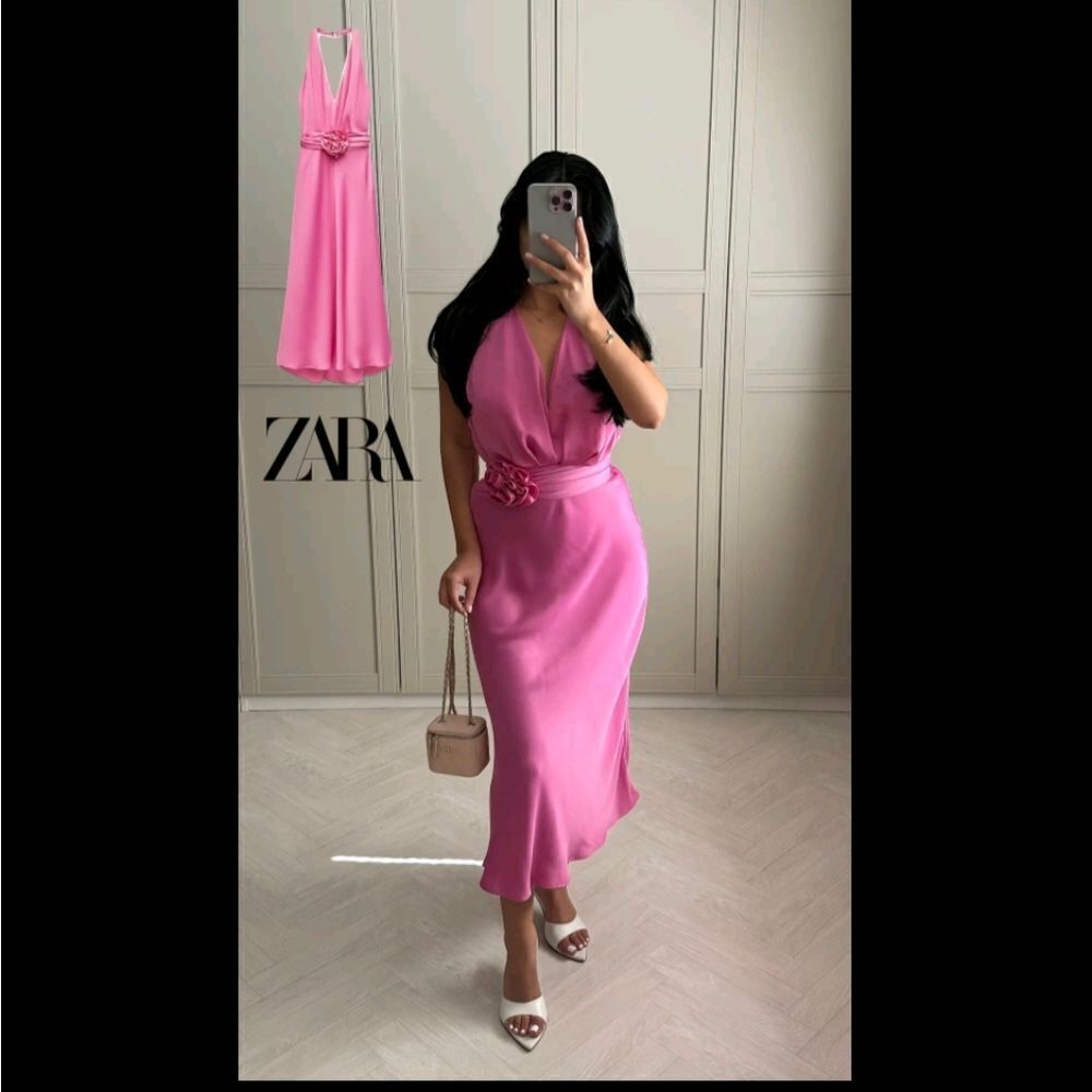 NWT ZARA FLORAL SATIN EFFECT MIDI DRESS pink - Picture 12 of 17